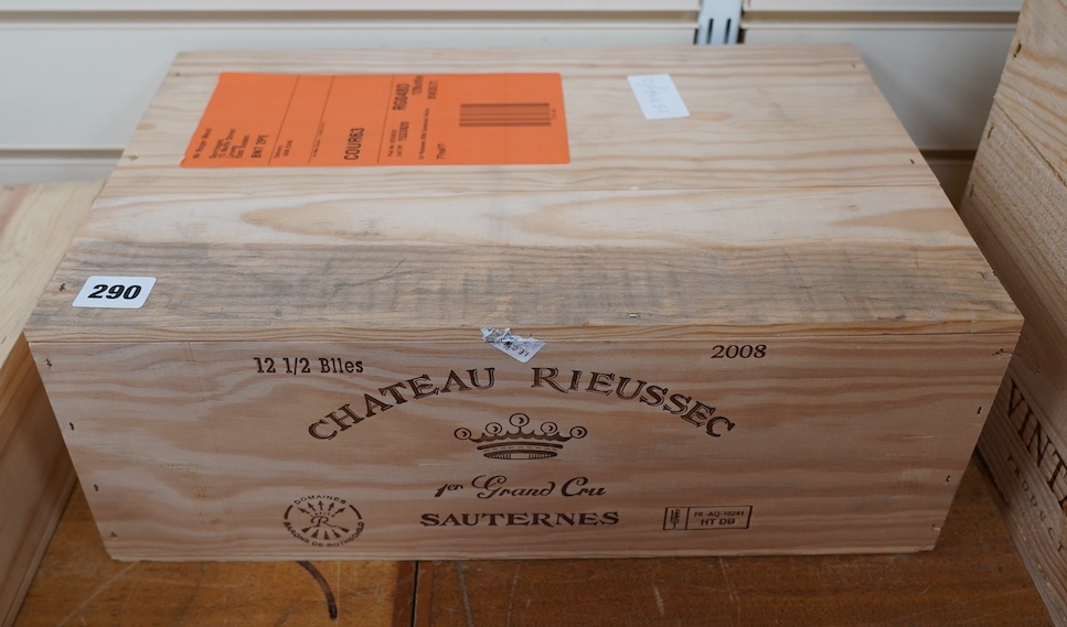 A sealed case of twelve half bottles of 2008 Chateau Rieussec, Sauternes, in OWC, purchased en primeur from The Wine Society. Condition - good